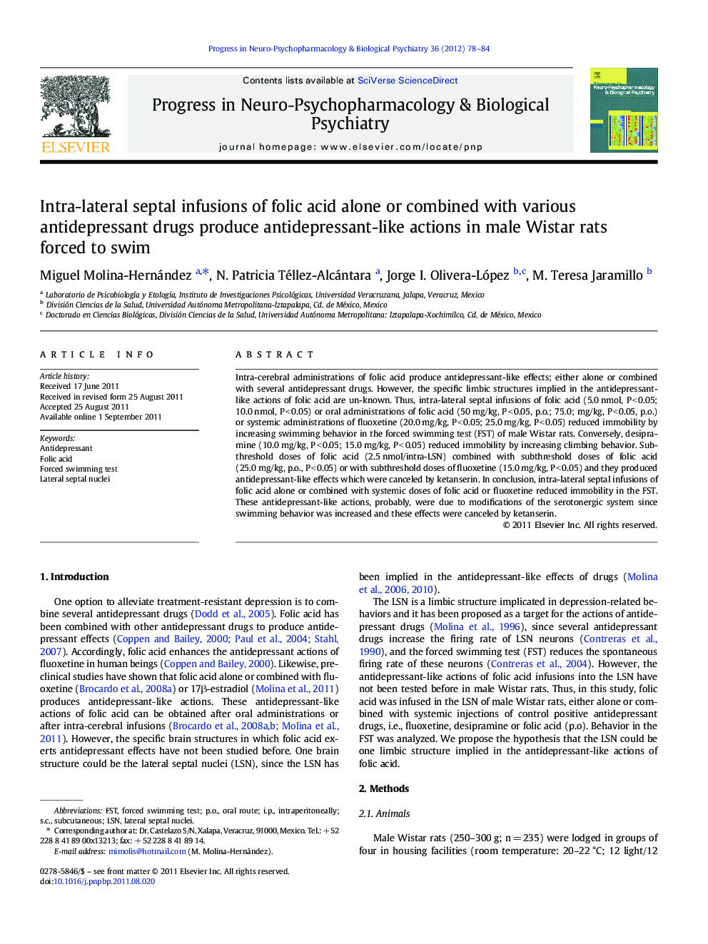 Intra-lateral septal infusions of folic acid alone or combined with various antidepressant drugs produce antidepressant-like actions in male Wistar rats forced to swim