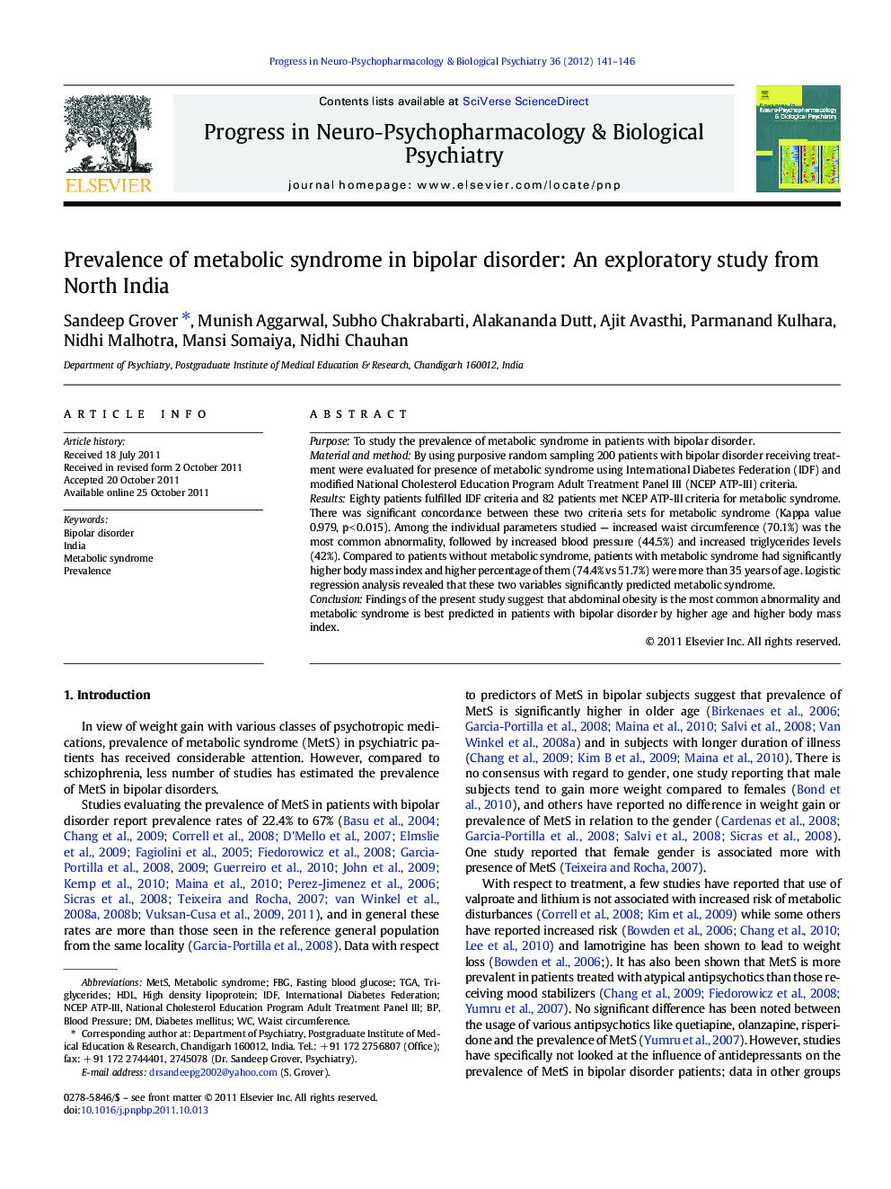 Prevalence of metabolic syndrome in bipolar disorder: An exploratory study from North India