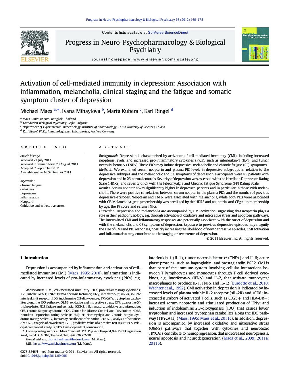 Activation of cell-mediated immunity in depression: Association with inflammation, melancholia, clinical staging and the fatigue and somatic symptom cluster of depression