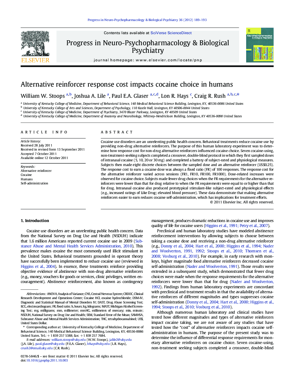 Alternative reinforcer response cost impacts cocaine choice in humans