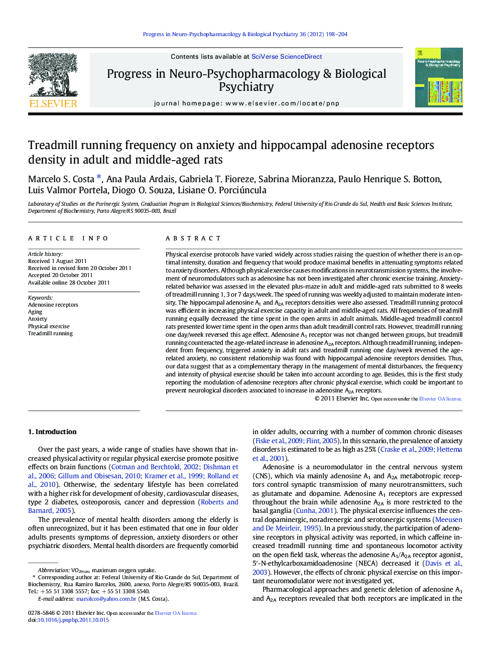 Treadmill running frequency on anxiety and hippocampal adenosine receptors density in adult and middle-aged rats