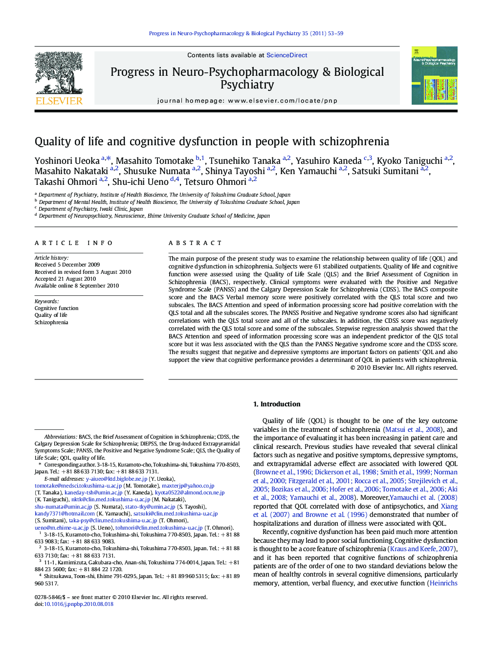 Quality of life and cognitive dysfunction in people with schizophrenia