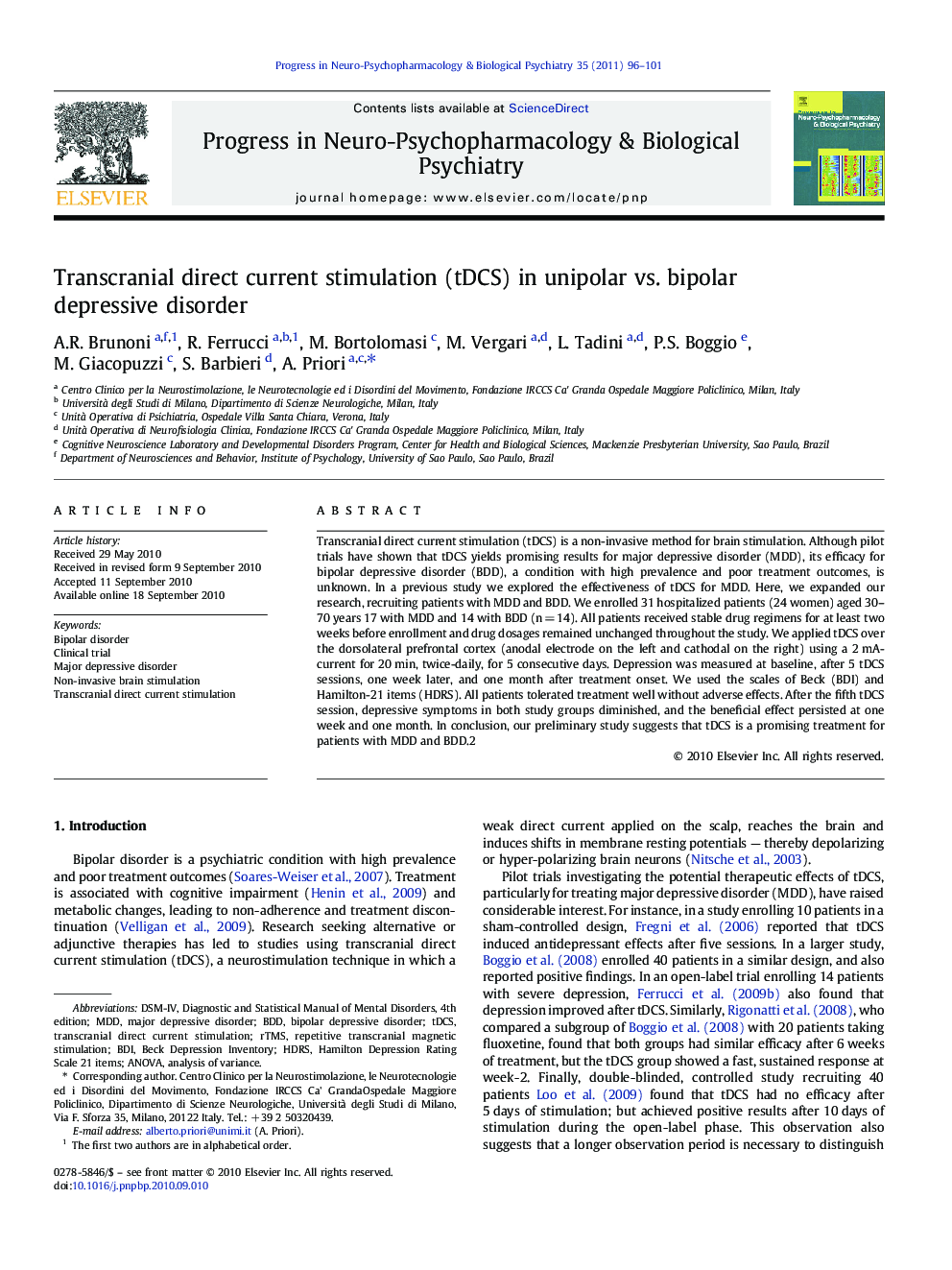 Transcranial direct current stimulation (tDCS) in unipolar vs. bipolar depressive disorder