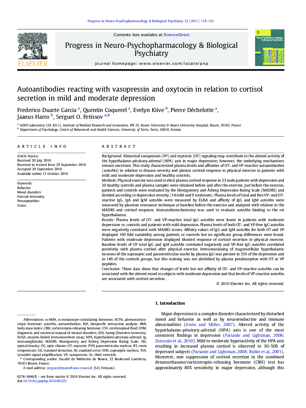 Autoantibodies reacting with vasopressin and oxytocin in relation to cortisol secretion in mild and moderate depression