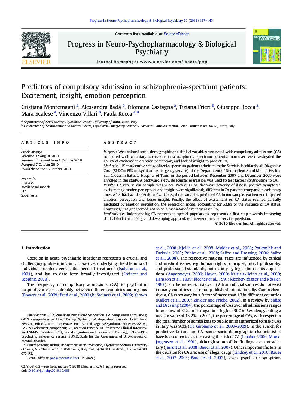 Predictors of compulsory admission in schizophrenia-spectrum patients: Excitement, insight, emotion perception