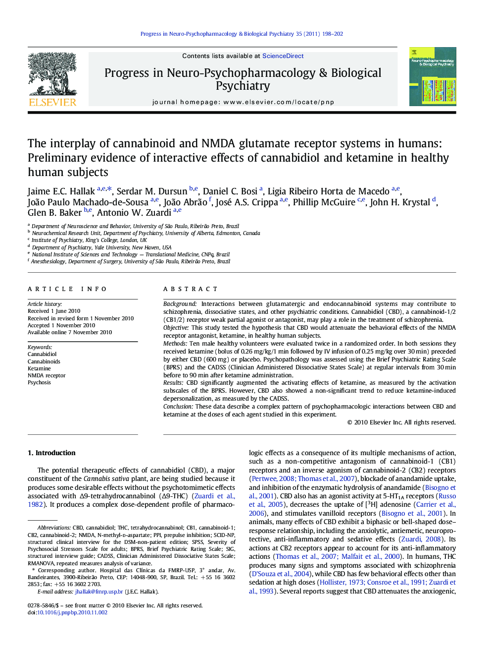 The interplay of cannabinoid and NMDA glutamate receptor systems in humans: Preliminary evidence of interactive effects of cannabidiol and ketamine in healthy human subjects