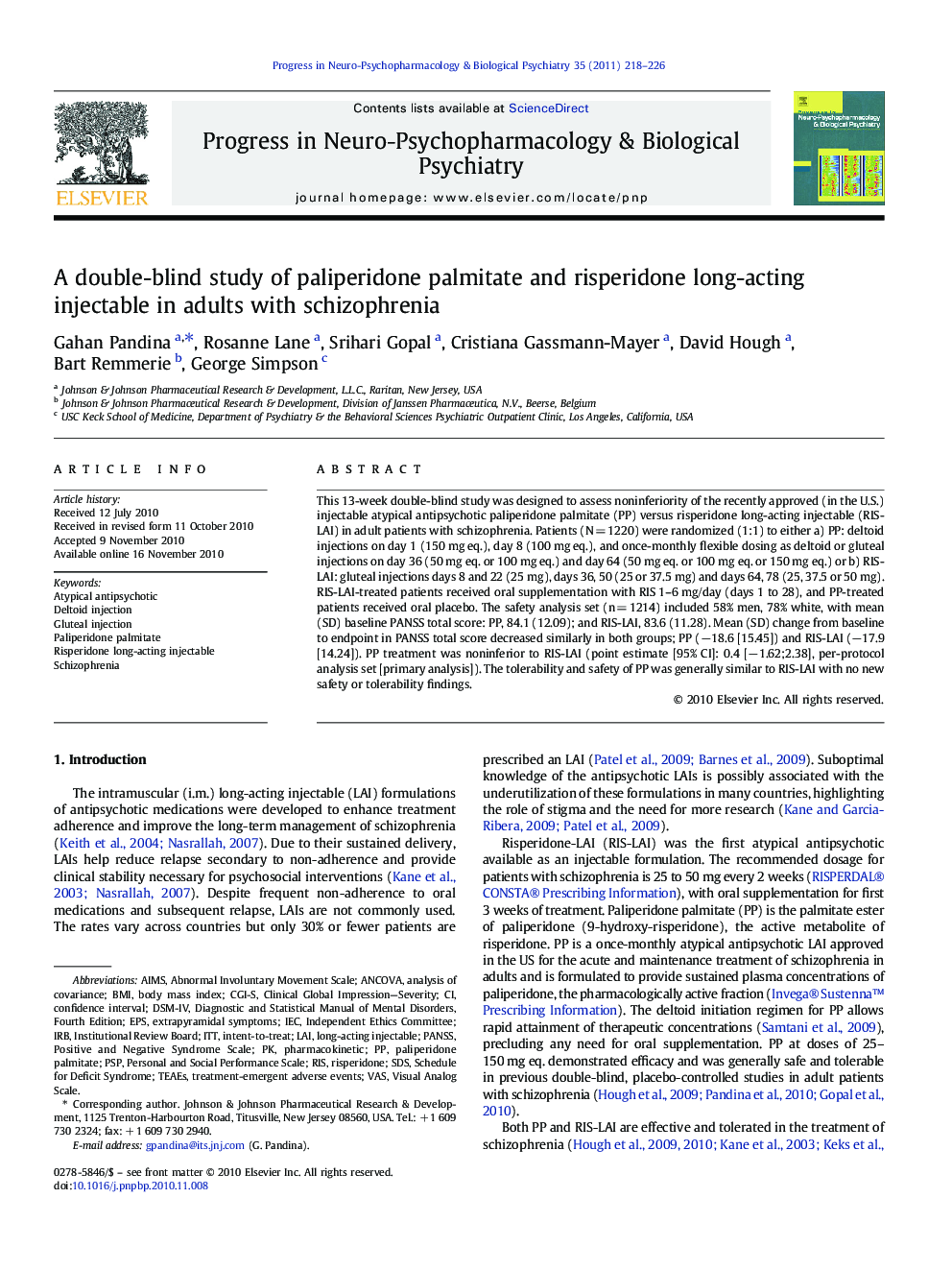 A double-blind study of paliperidone palmitate and risperidone long-acting injectable in adults with schizophrenia