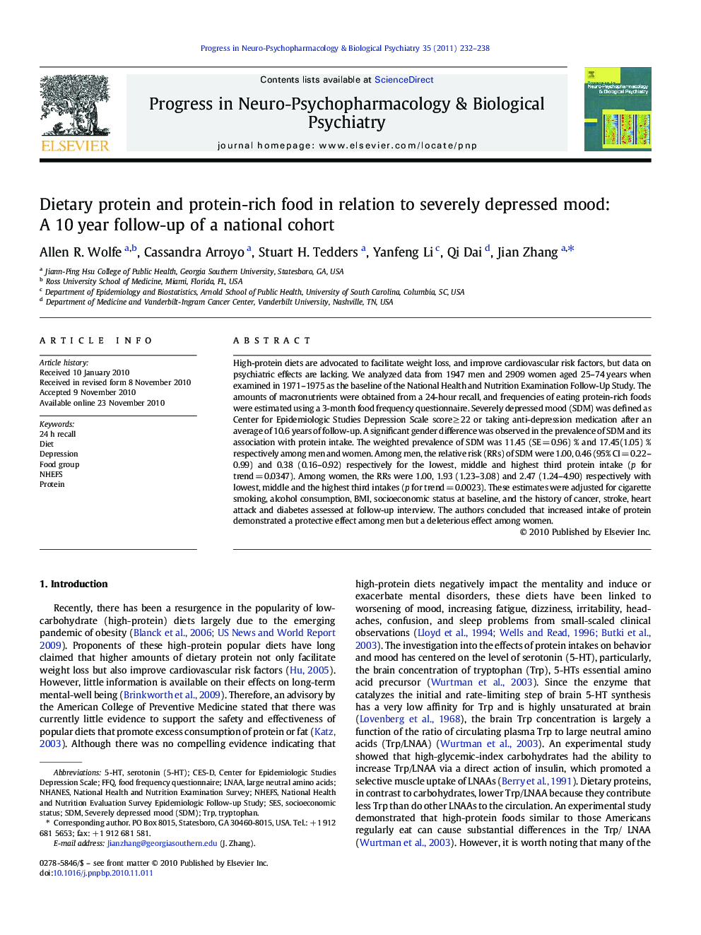 Dietary protein and protein-rich food in relation to severely depressed mood: A 10Â year follow-up of a national cohort