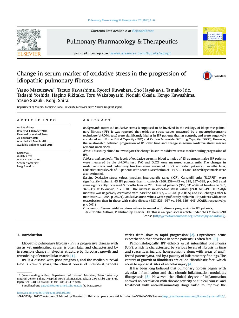 Change in serum marker of oxidative stress in the progression of idiopathic pulmonary fibrosis