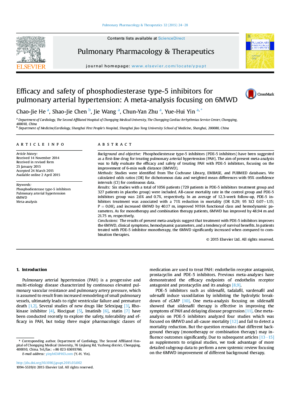 Efficacy and safety of phosphodiesterase type-5 inhibitors for pulmonary arterial hypertension: A meta-analysis focusing on 6MWD