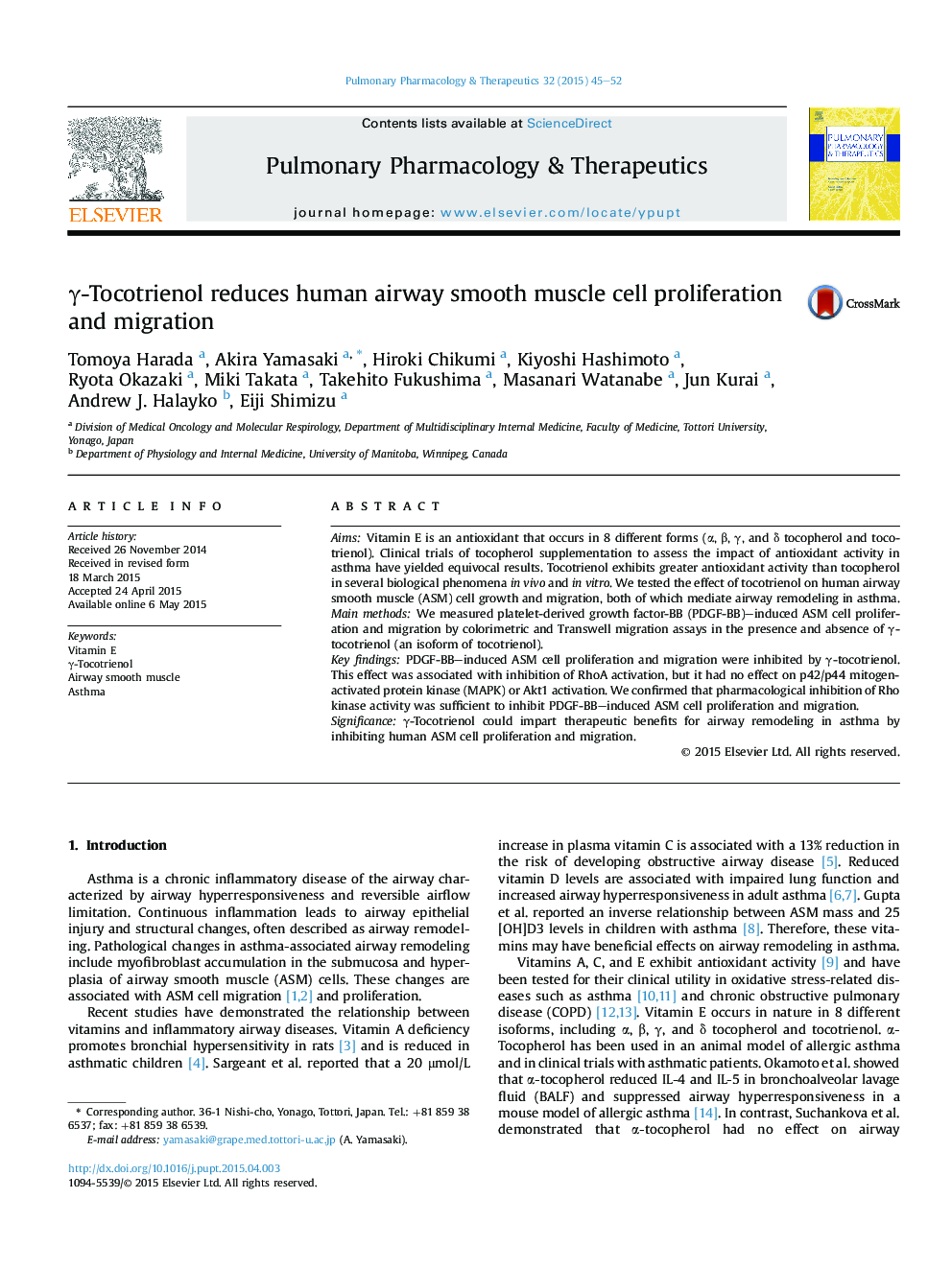 Î³-Tocotrienol reduces human airway smooth muscle cell proliferation and migration