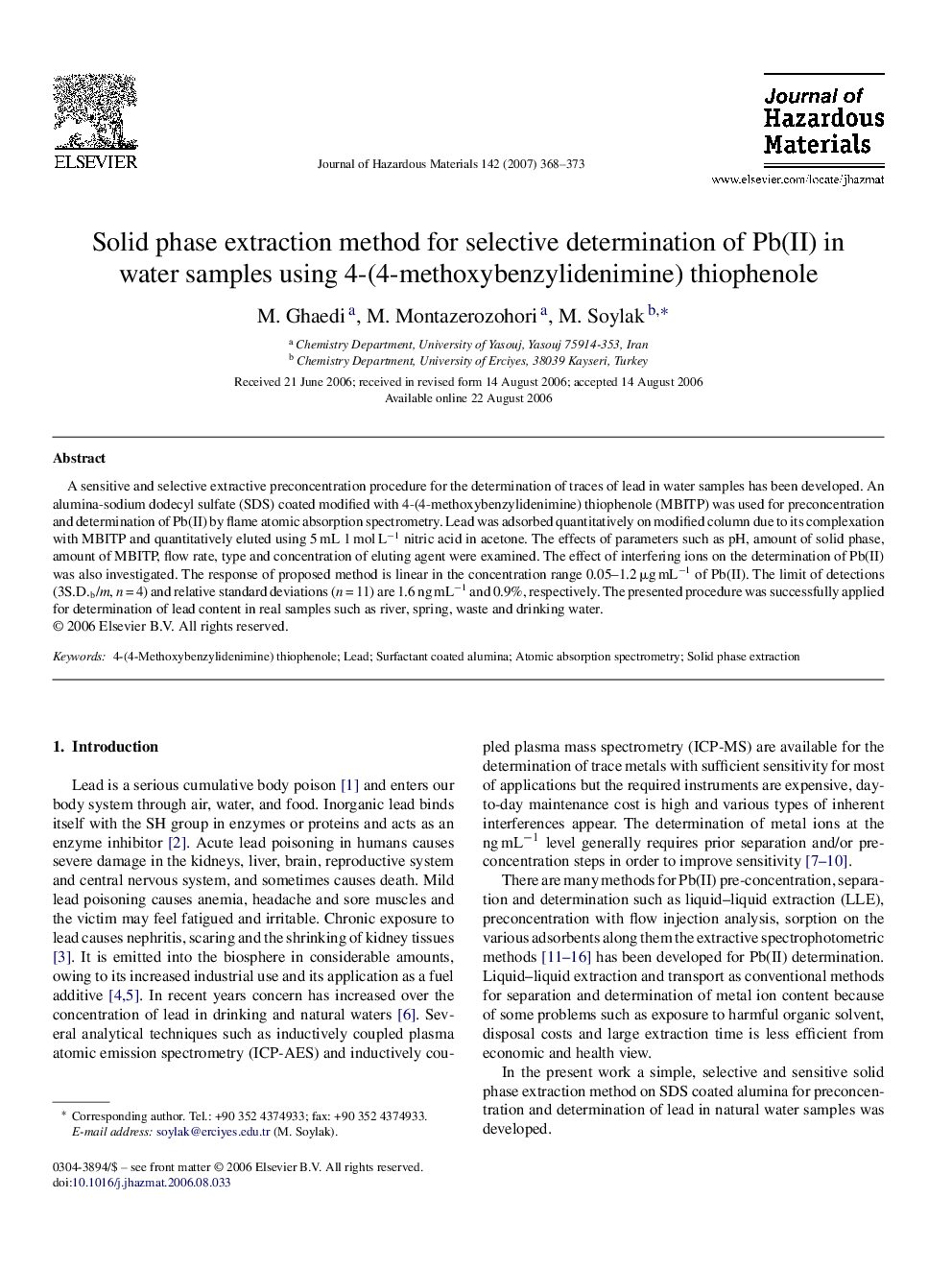 Solid phase extraction method for selective determination of Pb(II) in water samples using 4-(4-methoxybenzylidenimine) thiophenole