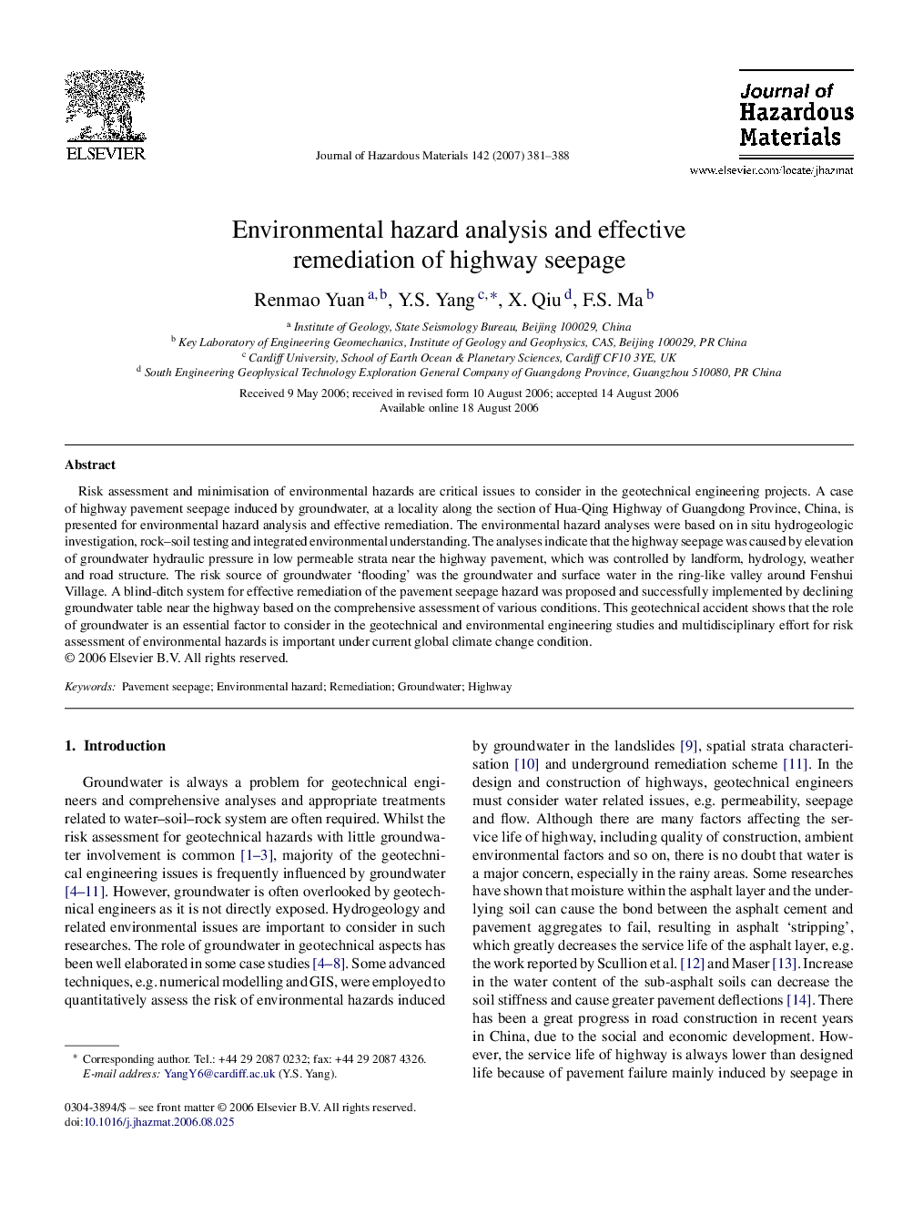 Environmental hazard analysis and effective remediation of highway seepage