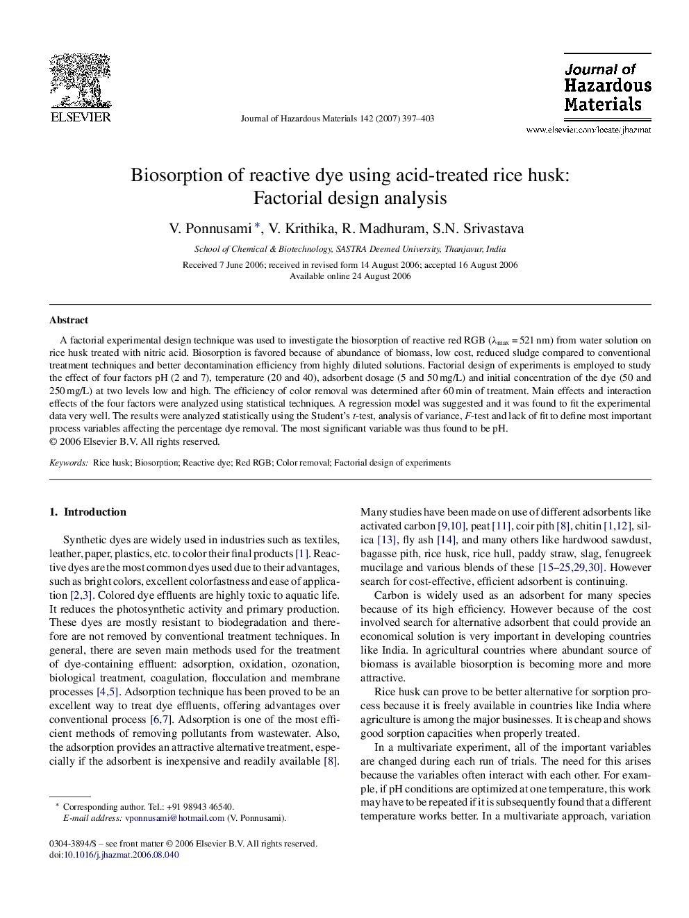 Biosorption of reactive dye using acid-treated rice husk: Factorial design analysis