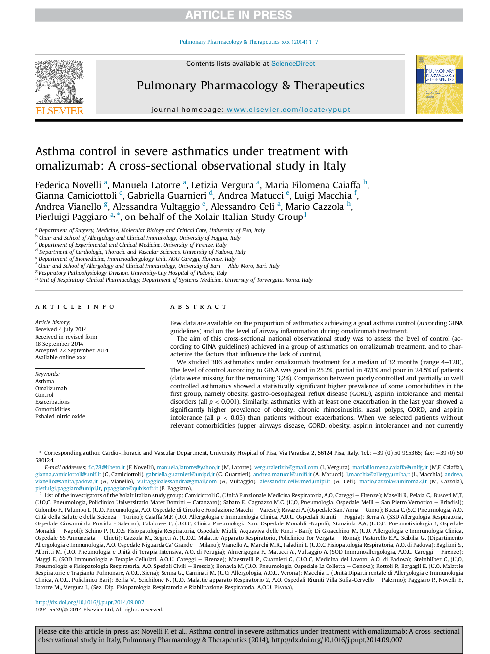 Asthma control in severe asthmatics under treatment with omalizumab: A cross-sectional observational study in Italy