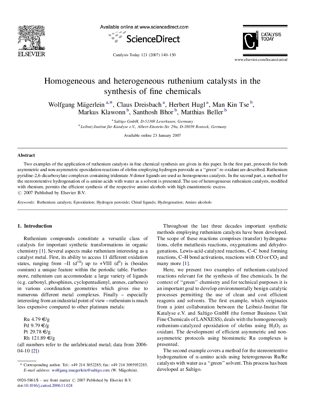 Homogeneous and heterogeneous ruthenium catalysts in the synthesis of fine chemicals