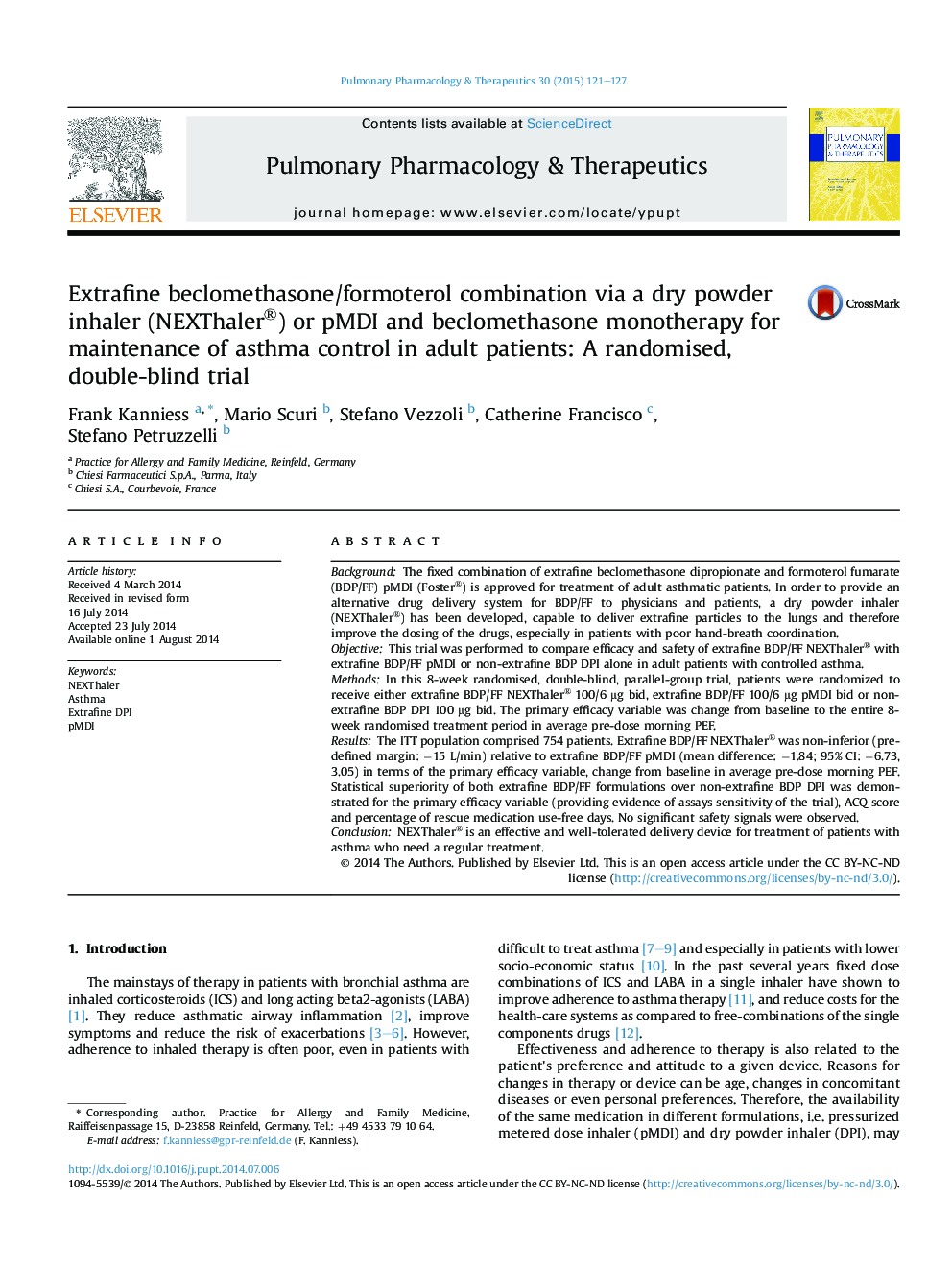 Extrafine beclomethasone/formoterol combination via a dry powder inhaler (NEXThaler®) or pMDI and beclomethasone monotherapy for maintenance of asthma control in adult patients: A randomised, double-blind trial