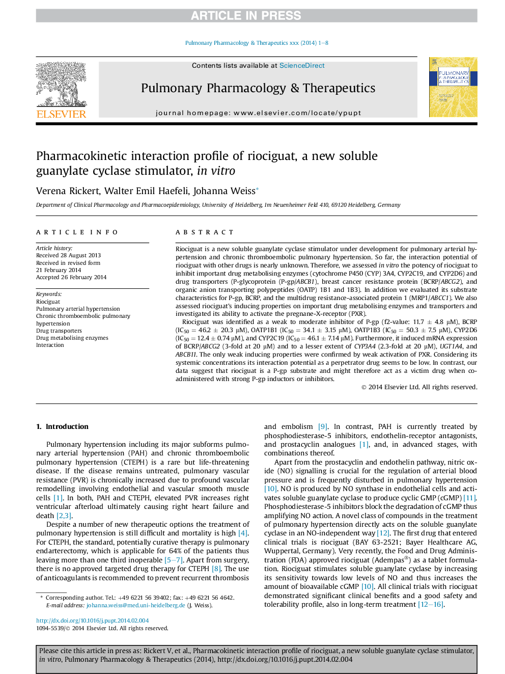 Pharmacokinetic interaction profile of riociguat, a new soluble guanylate cyclase stimulator, inÂ vitro