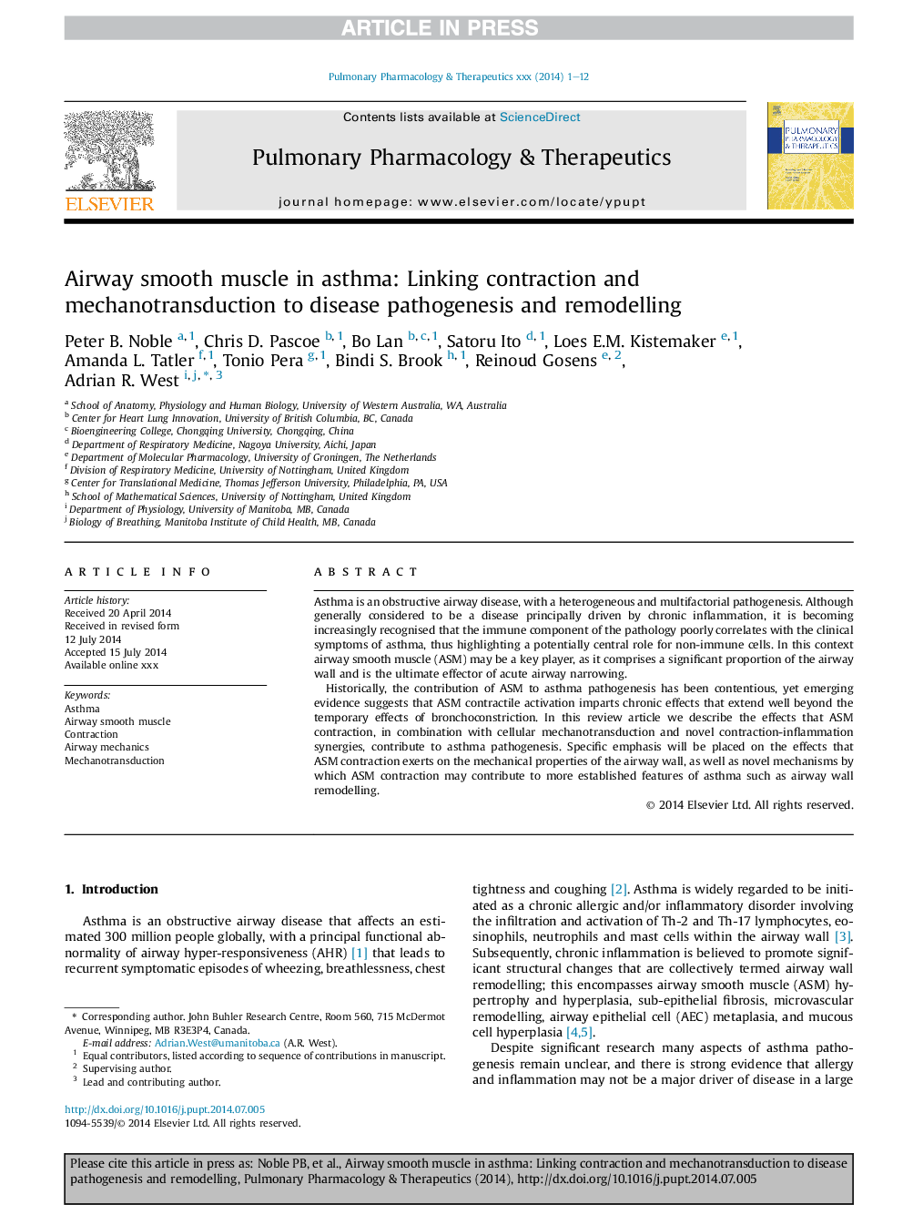 Airway smooth muscle in asthma: Linking contraction and mechanotransduction to disease pathogenesis and remodelling