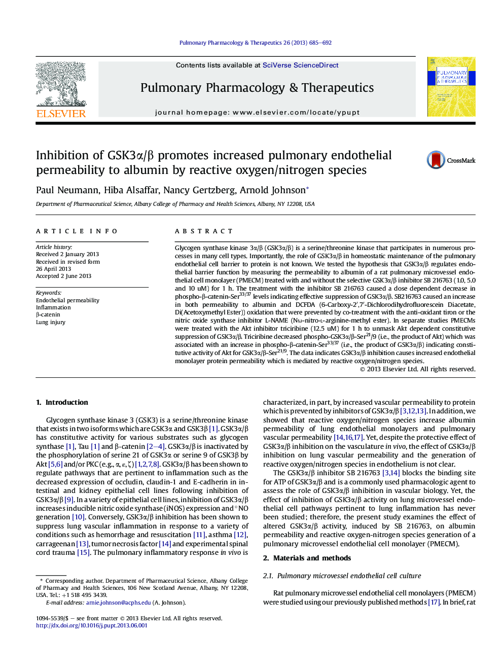 Inhibition of GSK3Î±/Î² promotes increased pulmonary endothelial permeability to albumin by reactive oxygen/nitrogen species