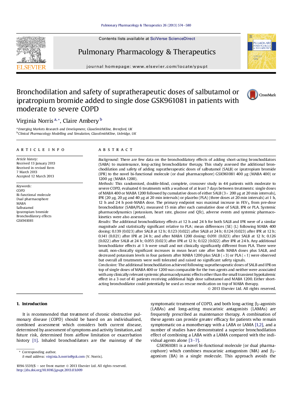 Bronchodilation and safety of supratherapeutic doses of salbutamol or ipratropium bromide added to single dose GSK961081 in patients with moderate to severe COPD