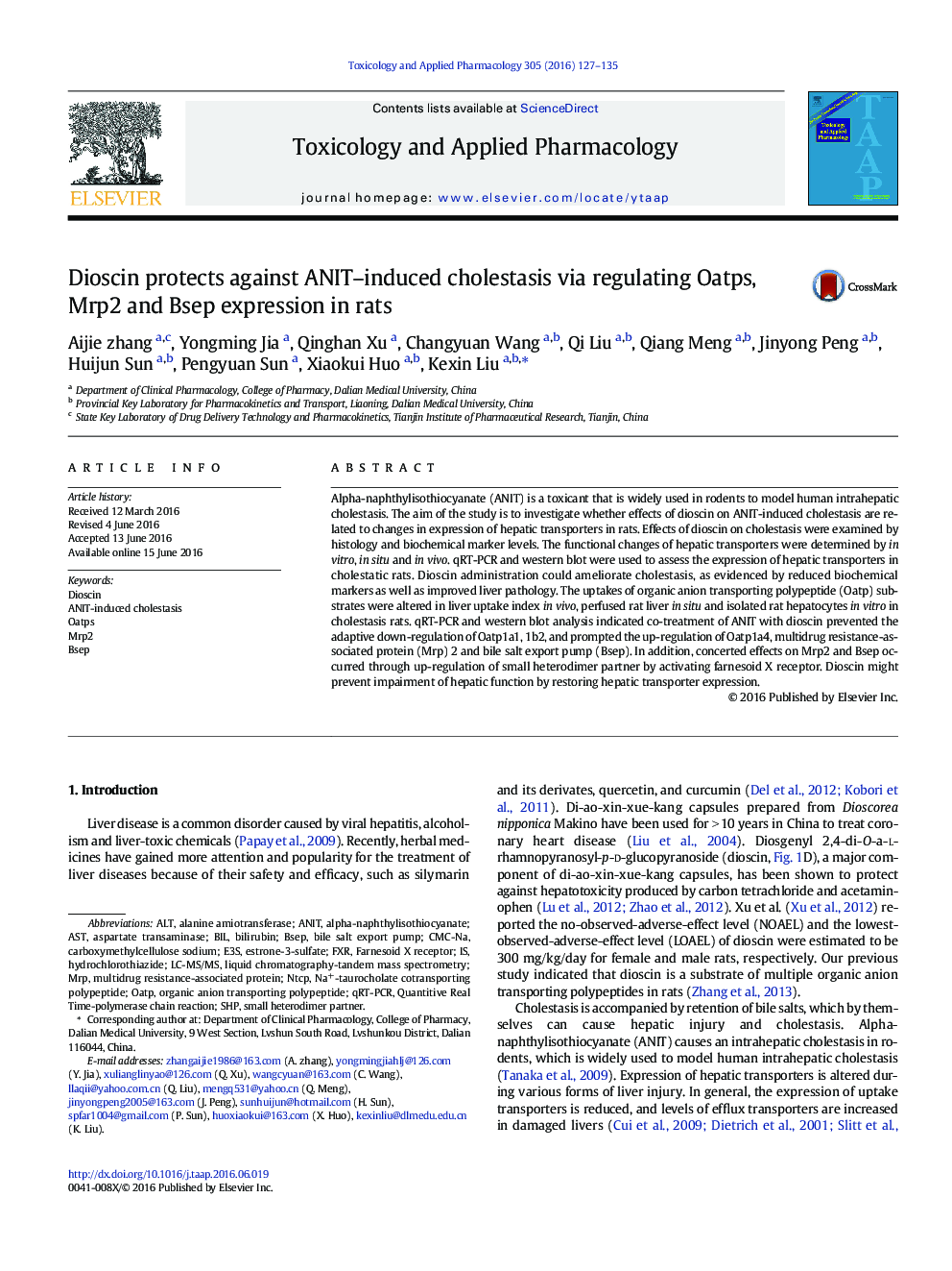 Dioscin protects against ANIT-induced cholestasis via regulating Oatps, Mrp2 and Bsep expression in rats