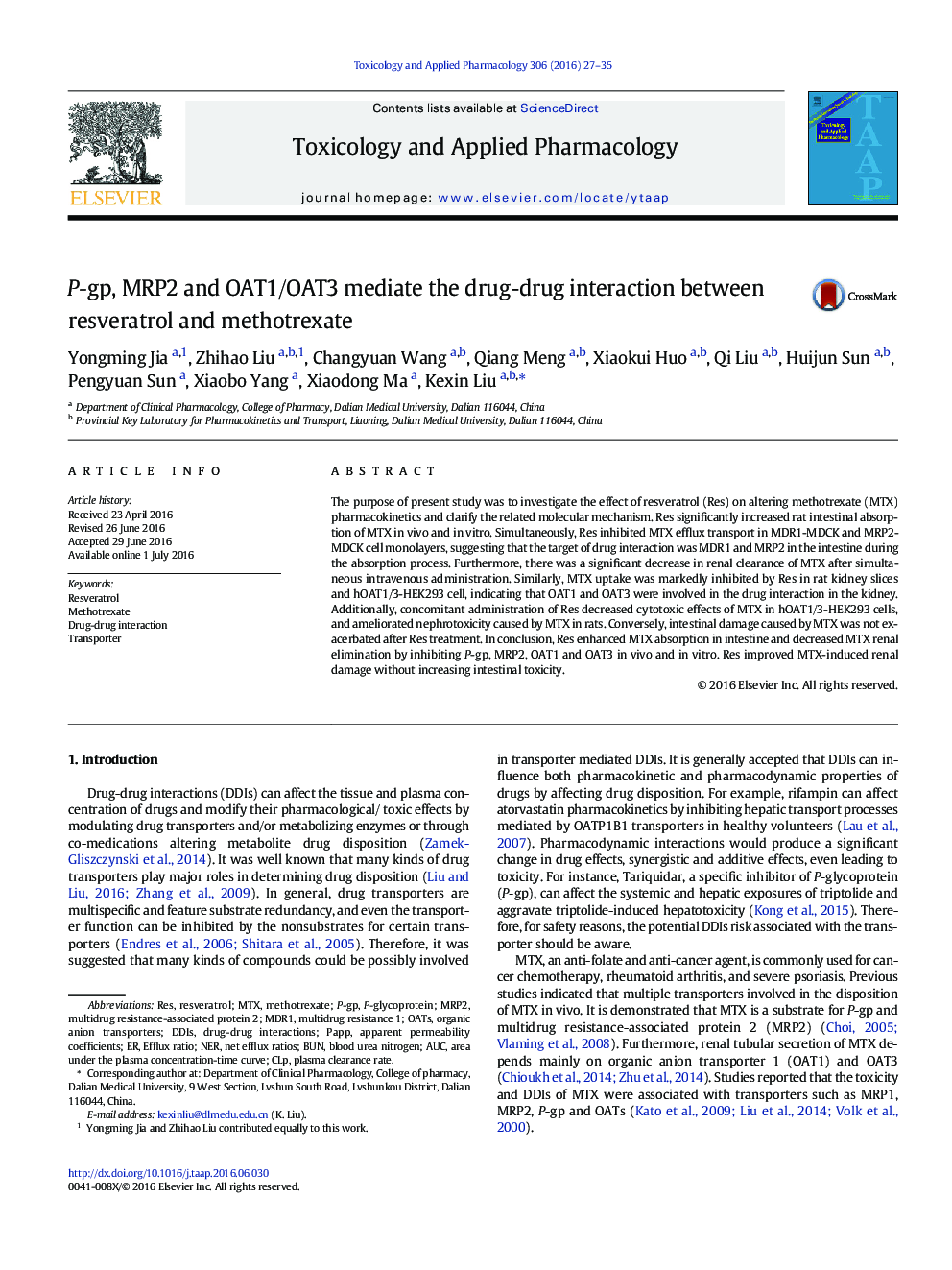 P-gp, MRP2 and OAT1/OAT3 mediate the drug-drug interaction between resveratrol and methotrexate