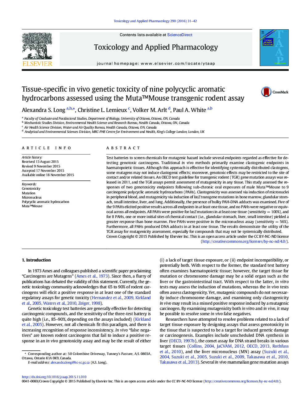 Tissue-specific in vivo genetic toxicity of nine polycyclic aromatic hydrocarbons assessed using the Mutaâ¢Mouse transgenic rodent assay