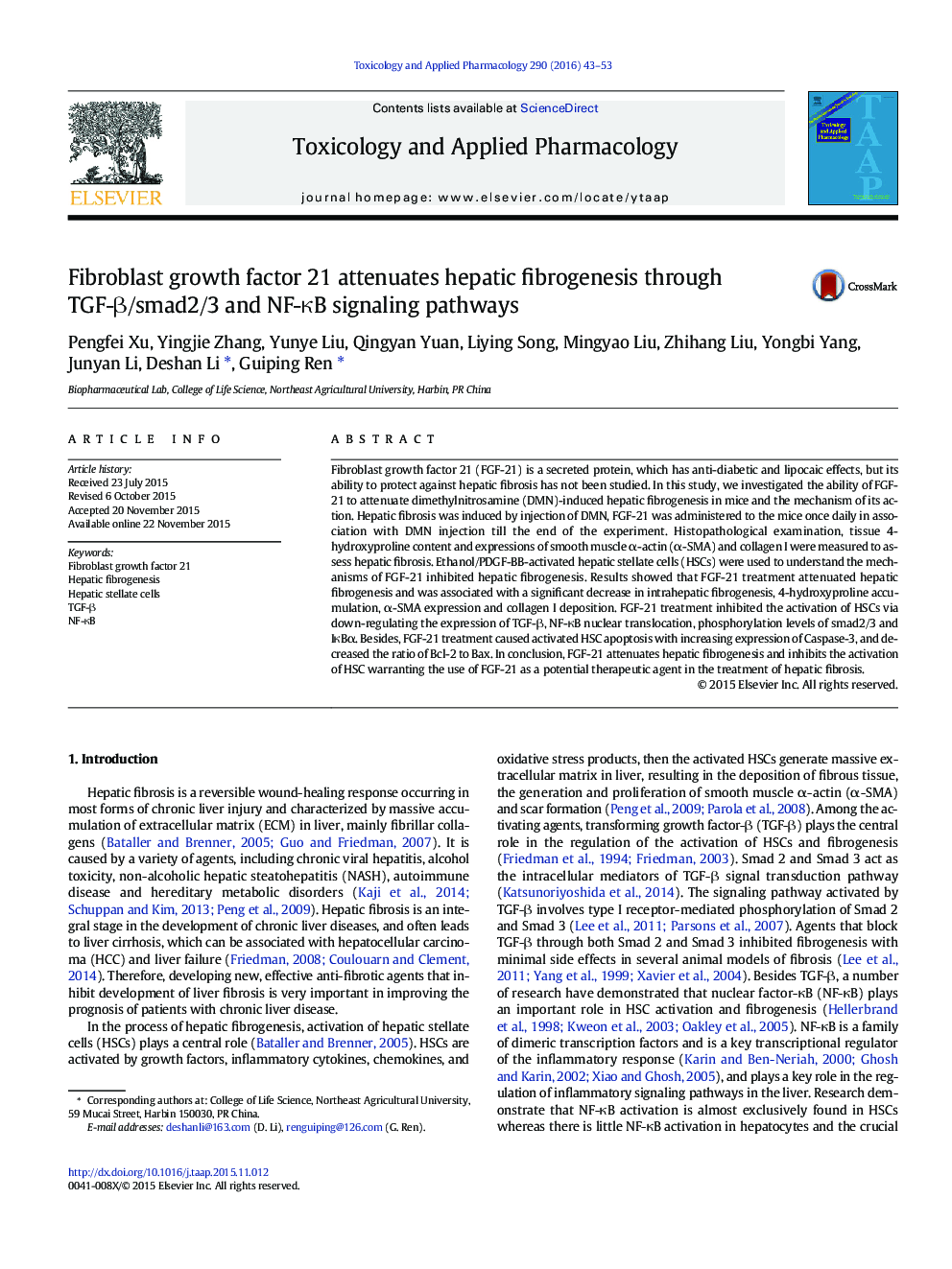 Fibroblast growth factor 21 attenuates hepatic fibrogenesis through TGF-Î²/smad2/3 and NF-ÎºB signaling pathways