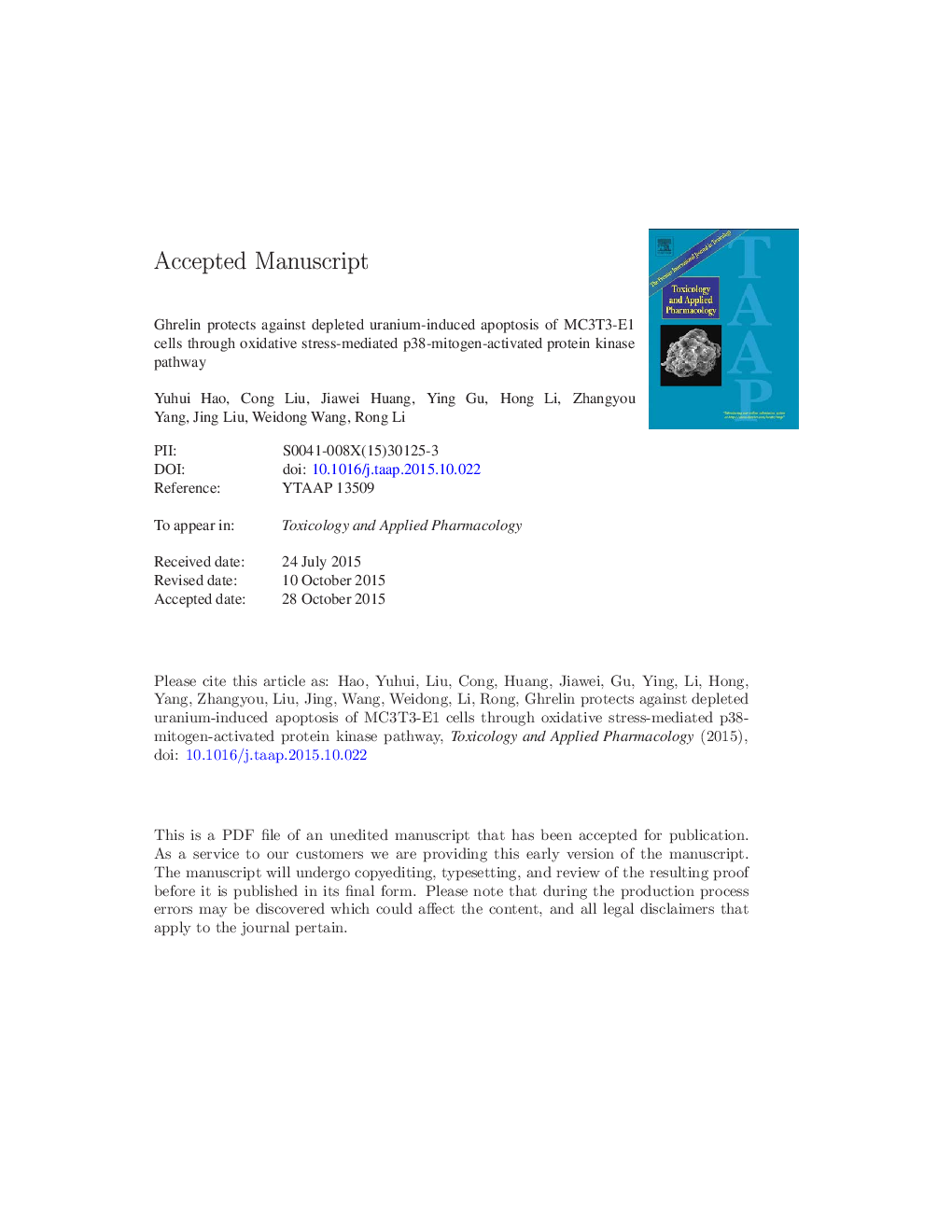 Ghrelin protects against depleted uranium-induced apoptosis of MC3T3-E1 cells through oxidative stress-mediated p38-mitogen-activated protein kinase pathway