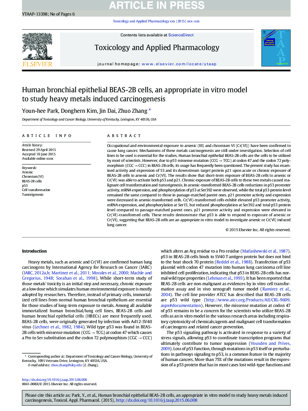 Human bronchial epithelial BEAS-2B cells, an appropriate in vitro model to study heavy metals induced carcinogenesis