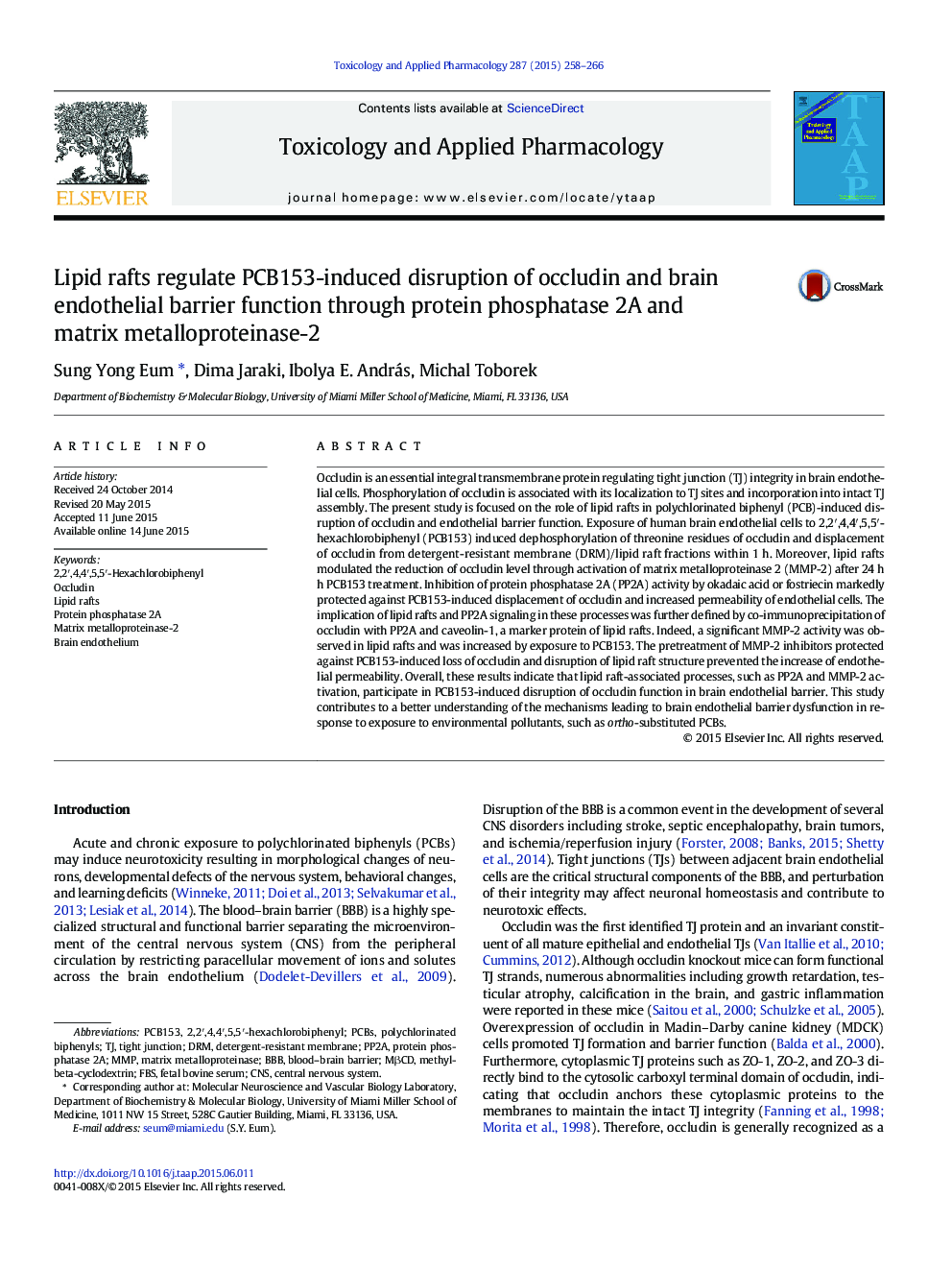 Lipid rafts regulate PCB153-induced disruption of occludin and brain endothelial barrier function through protein phosphatase 2A and matrix metalloproteinase-2