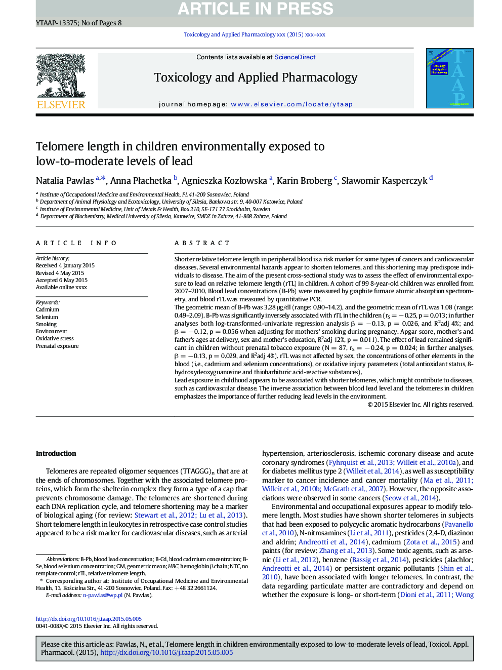 Telomere length in children environmentally exposed to low-to-moderate levels of lead