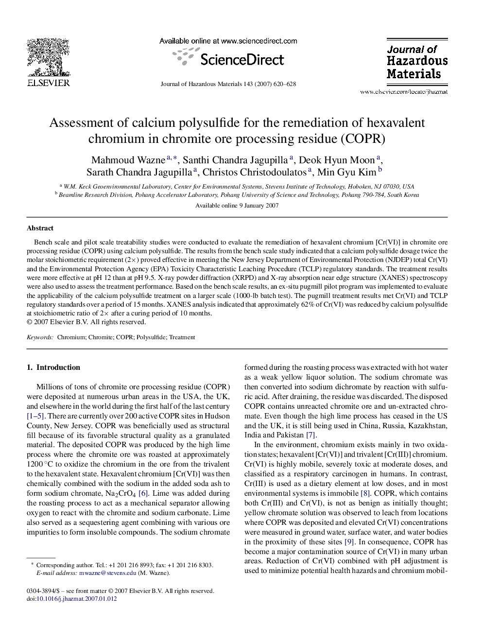 Assessment of calcium polysulfide for the remediation of hexavalent chromium in chromite ore processing residue (COPR)