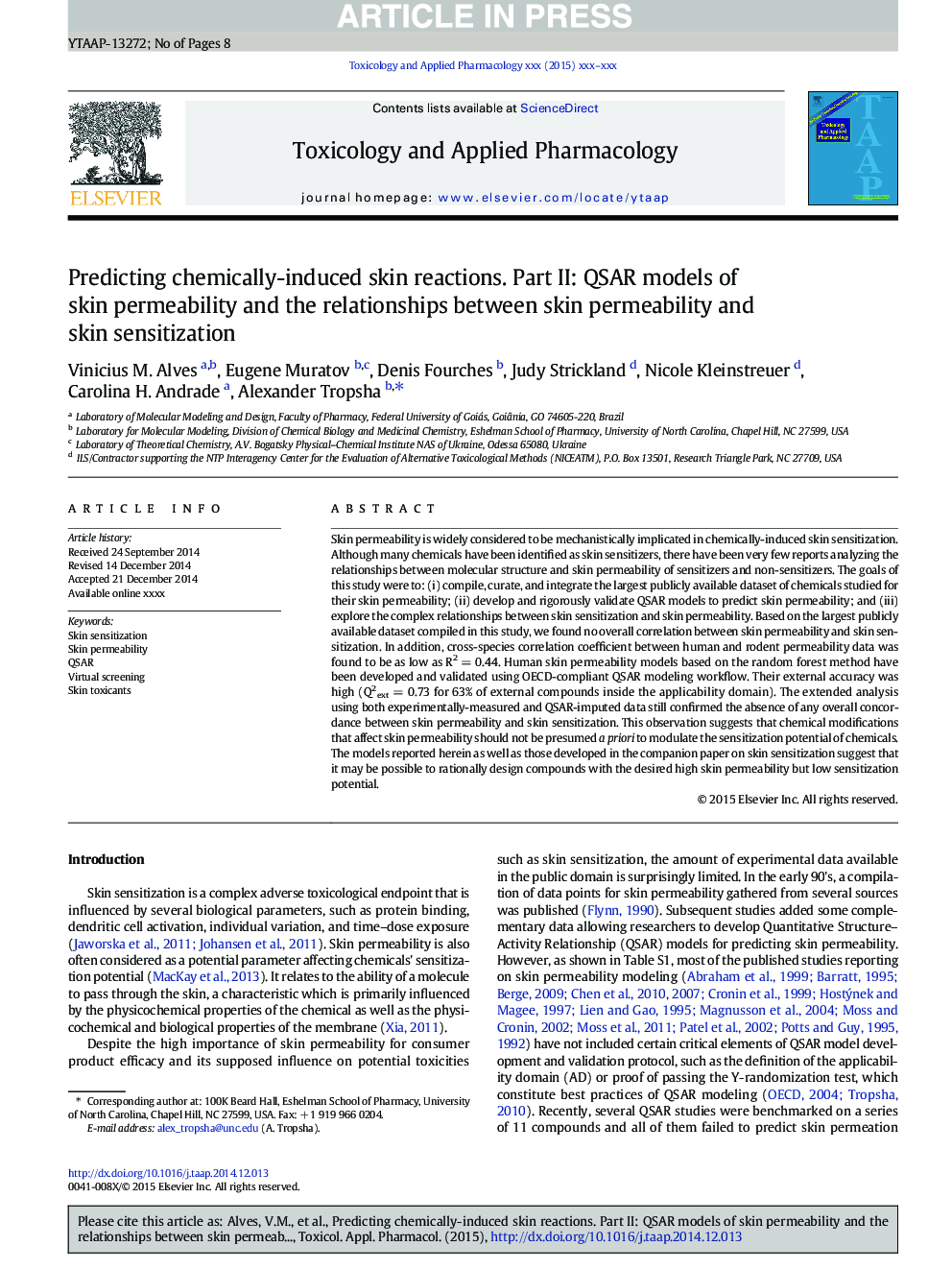 Predicting chemically-induced skin reactions. Part II: QSAR models of skin permeability and the relationships between skin permeability and skin sensitization