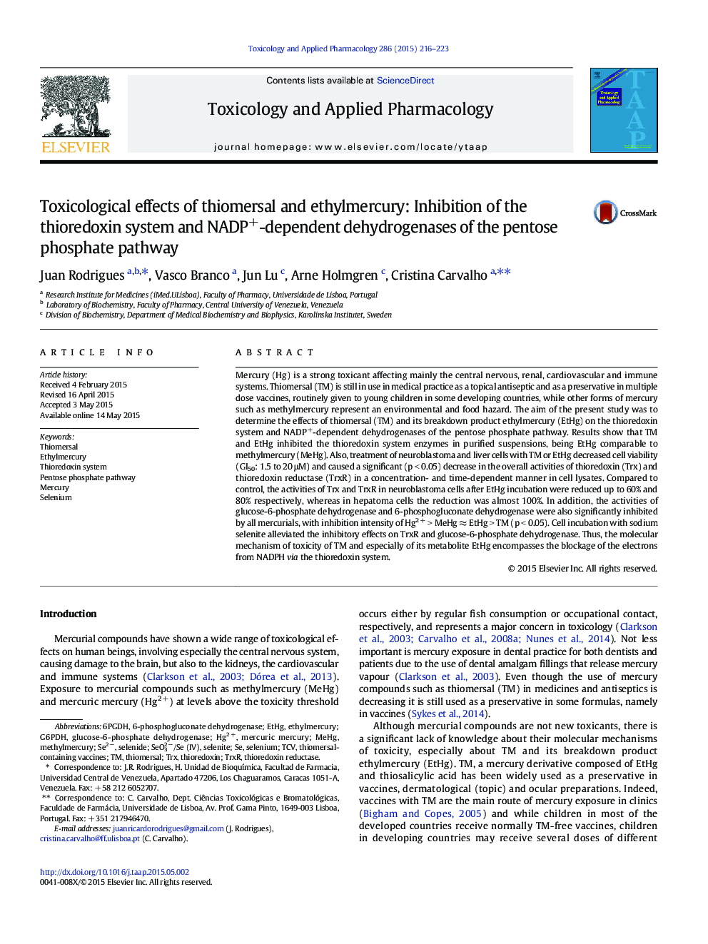 Toxicological effects of thiomersal and ethylmercury: Inhibition of the thioredoxin system and NADP+-dependent dehydrogenases of the pentose phosphate pathway