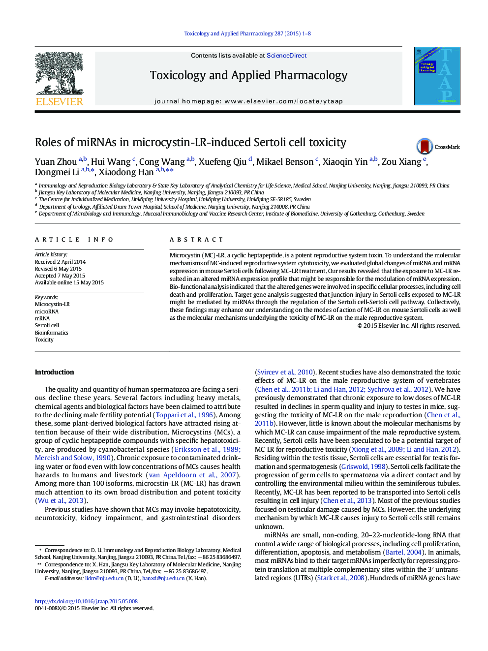 Roles of miRNAs in microcystin-LR-induced Sertoli cell toxicity