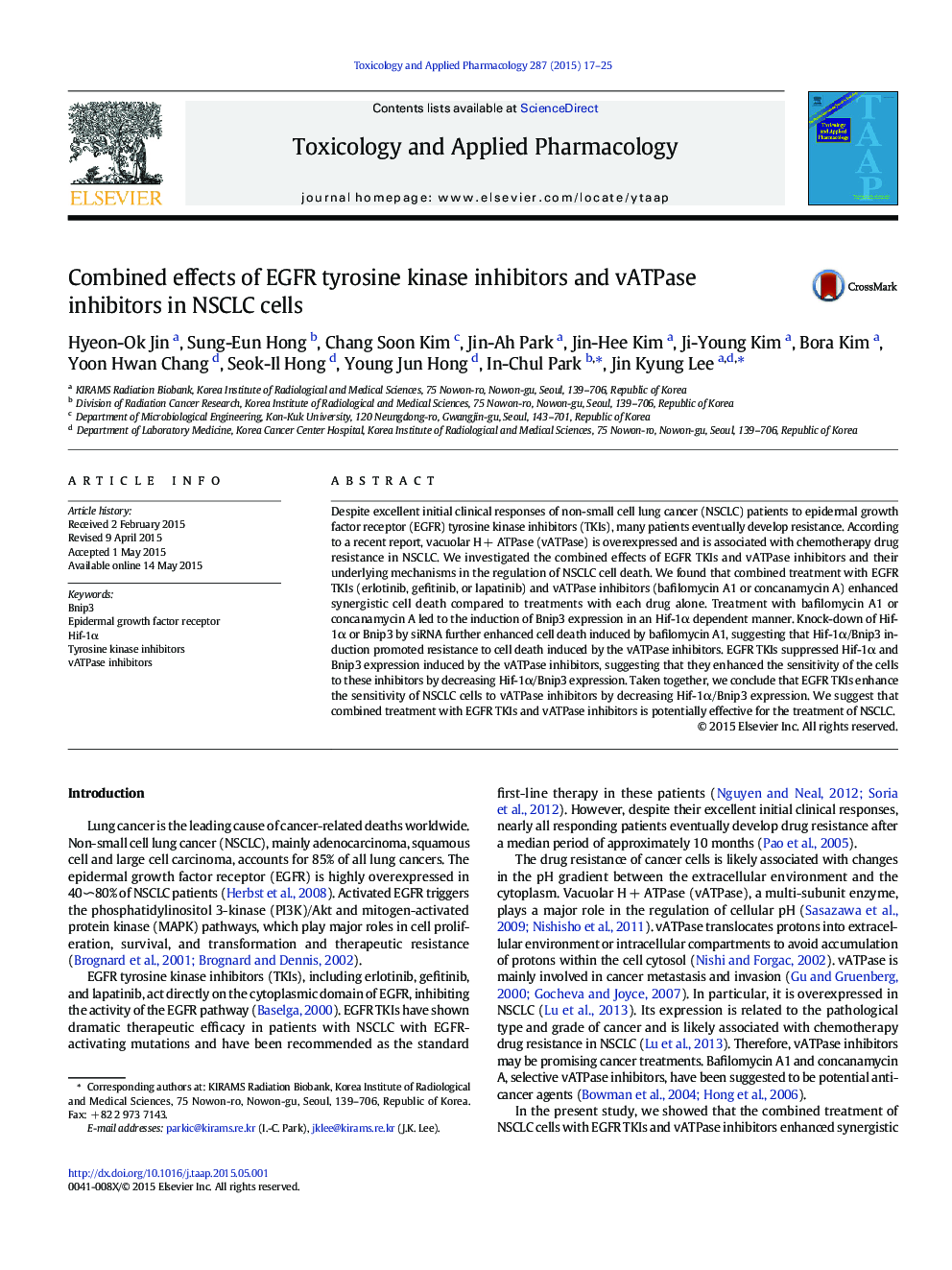 Combined effects of EGFR tyrosine kinase inhibitors and vATPase inhibitors in NSCLC cells