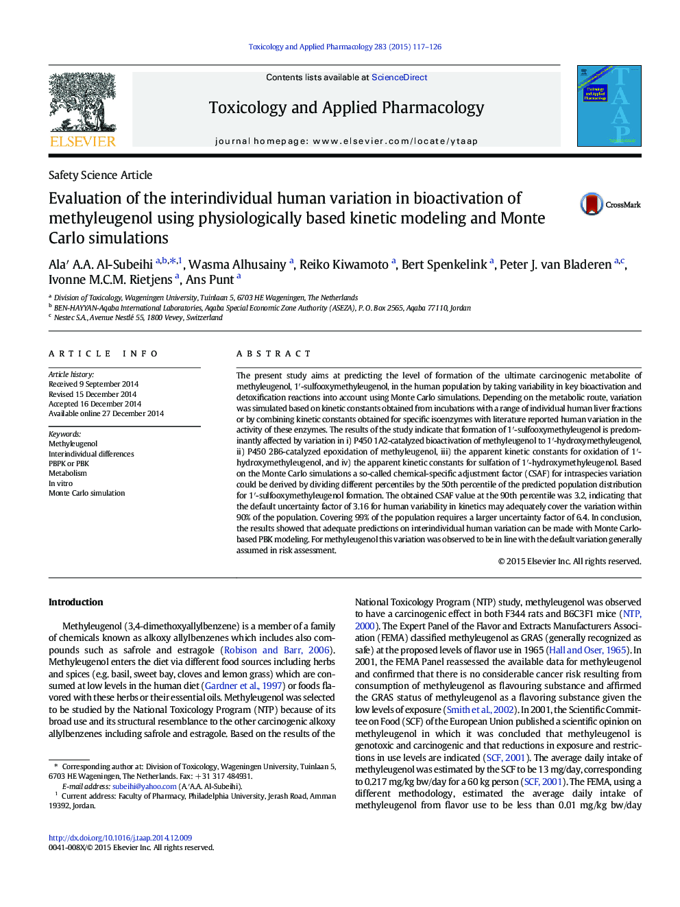 ارزیابی تغییرات بین فردی انسان در زیست فعال سازی متایلوژنول با استفاده از مدل سازی جنبشی مبتنی بر فیزیولوژیکی و شبیه سازی مونت کارلو 