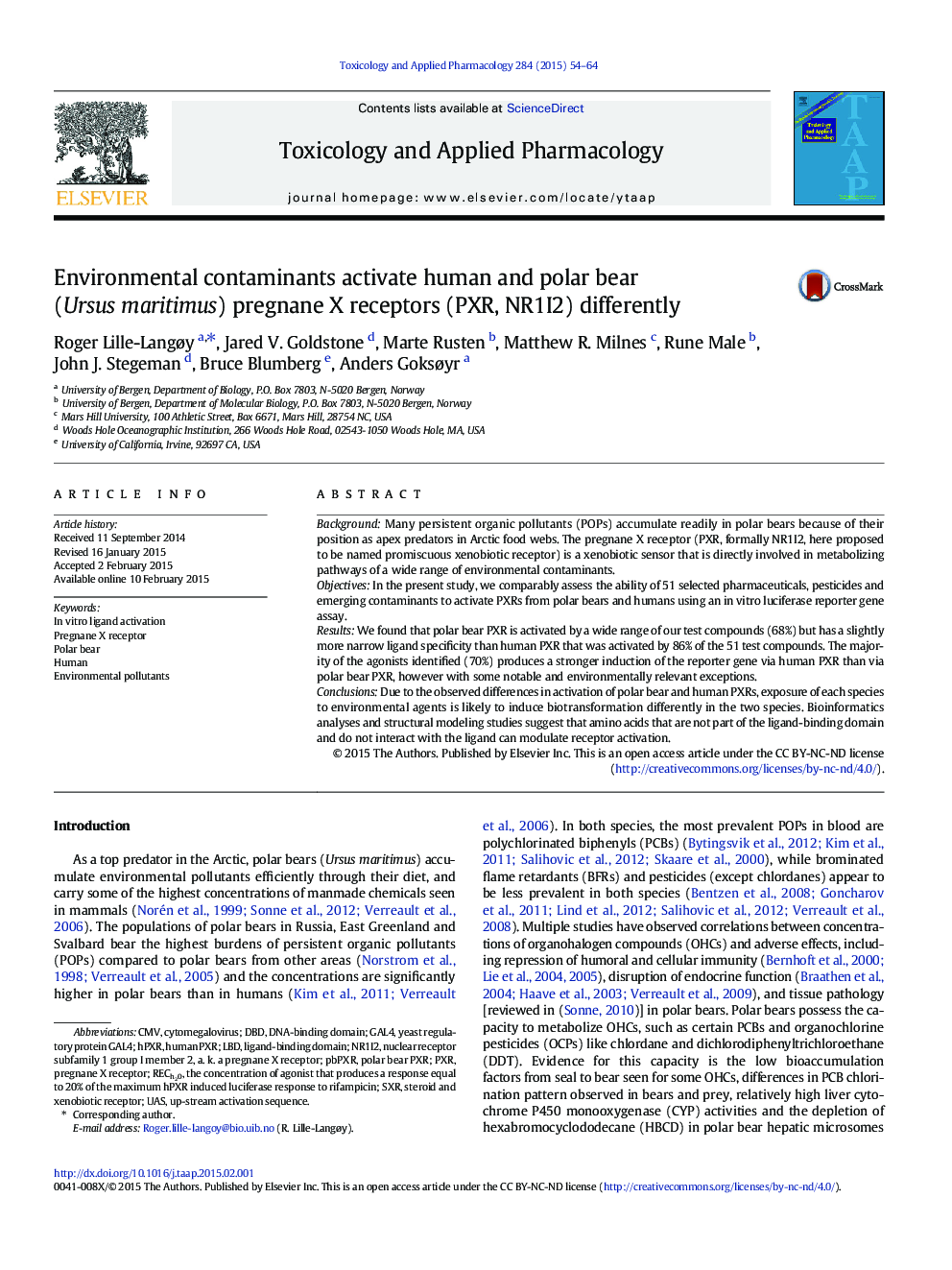 Environmental contaminants activate human and polar bear (Ursus maritimus) pregnane X receptors (PXR, NR1I2) differently