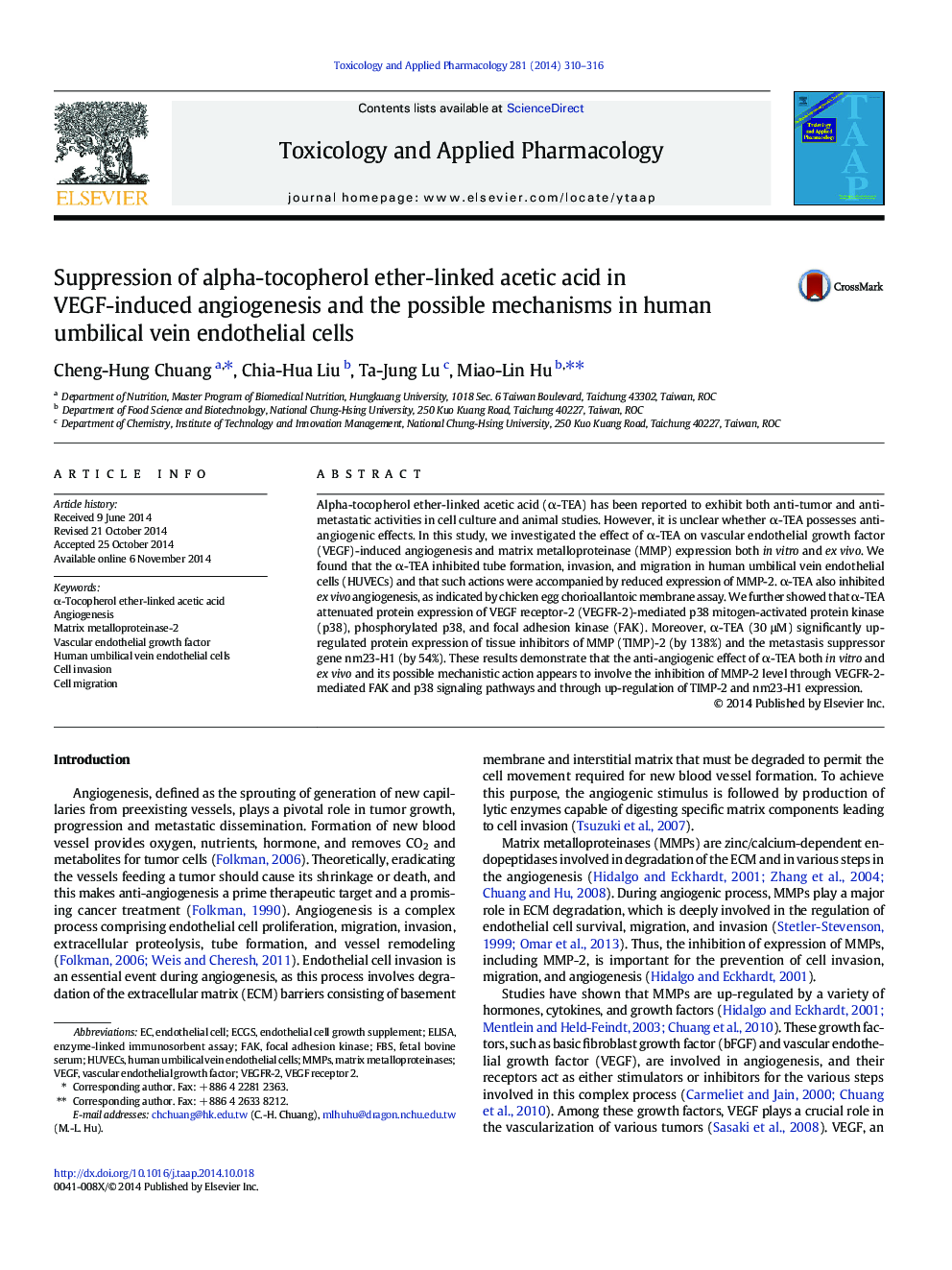 Suppression of alpha-tocopherol ether-linked acetic acid in VEGF-induced angiogenesis and the possible mechanisms in human umbilical vein endothelial cells