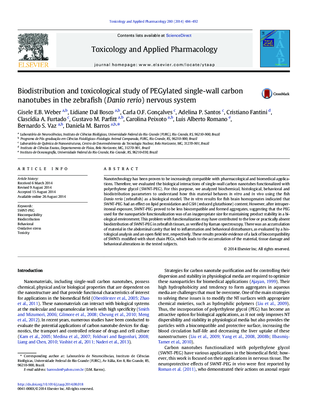 Biodistribution and toxicological study of PEGylated single-wall carbon nanotubes in the zebrafish (Danio rerio) nervous system