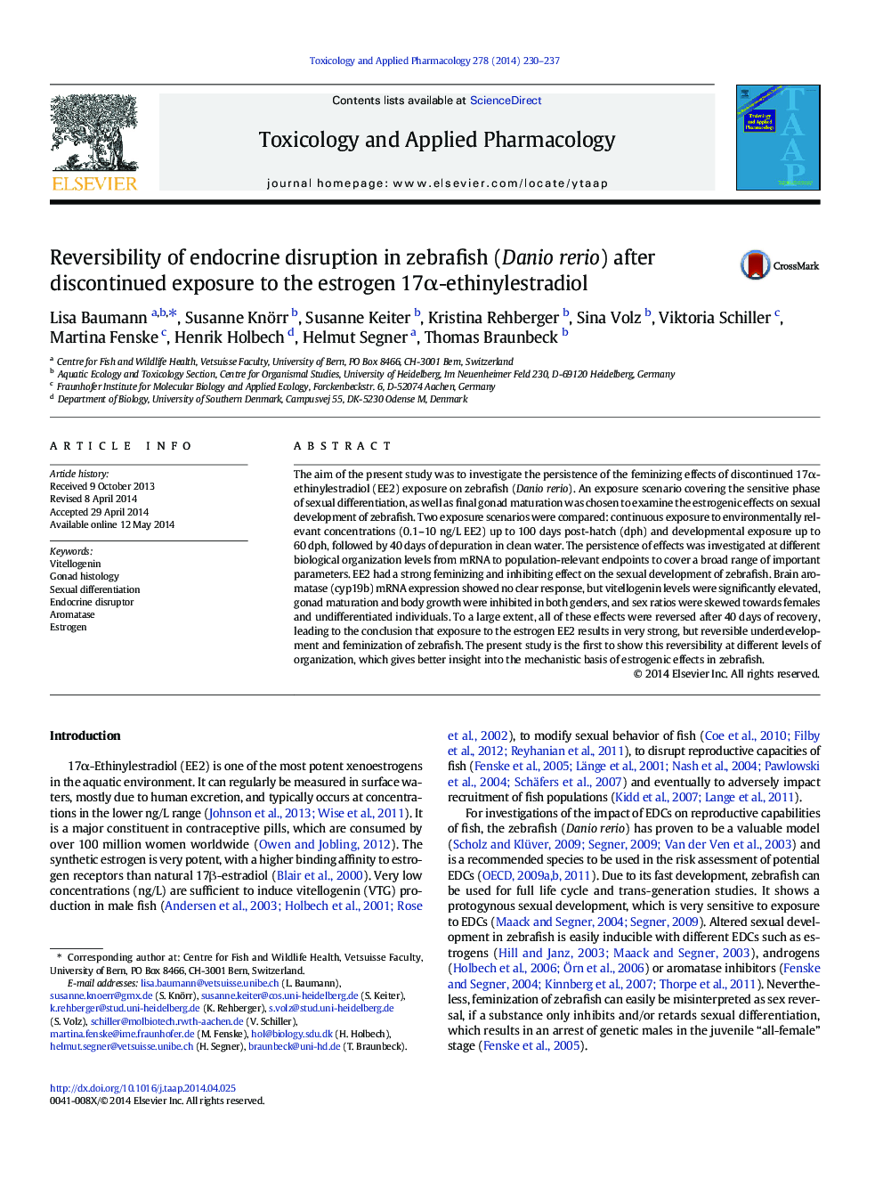 Reversibility of endocrine disruption in zebrafish (Danio rerio) after discontinued exposure to the estrogen 17Î±-ethinylestradiol