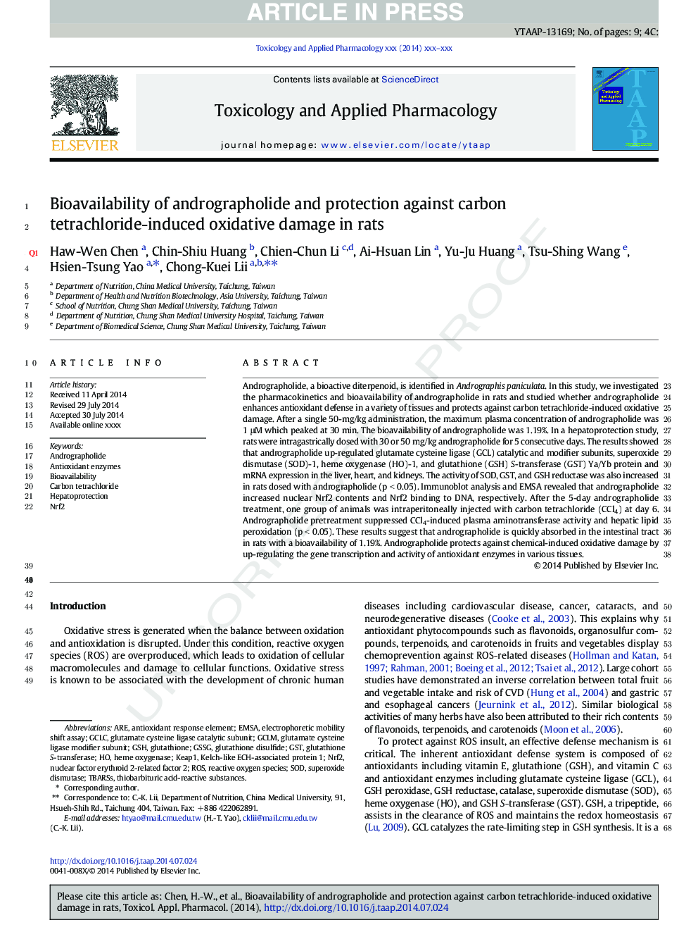 Bioavailability of andrographolide and protection against carbon tetrachloride-induced oxidative damage in rats