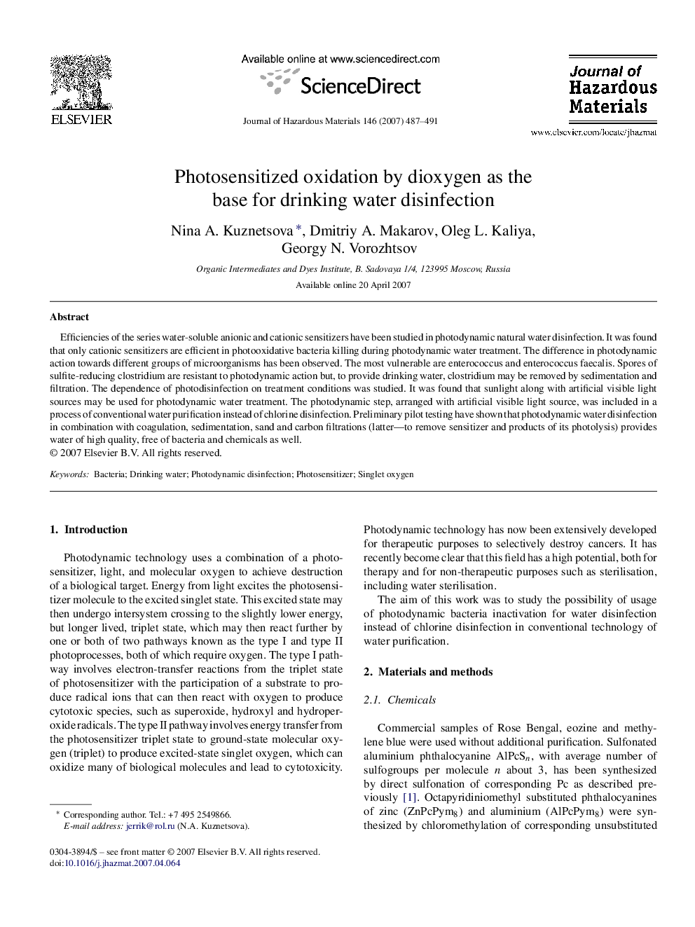 Photosensitized oxidation by dioxygen as the base for drinking water disinfection