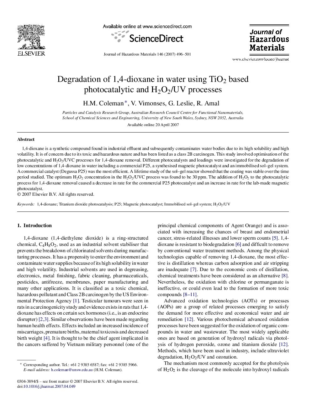 Degradation of 1,4-dioxane in water using TiO2 based photocatalytic and H2O2/UV processes