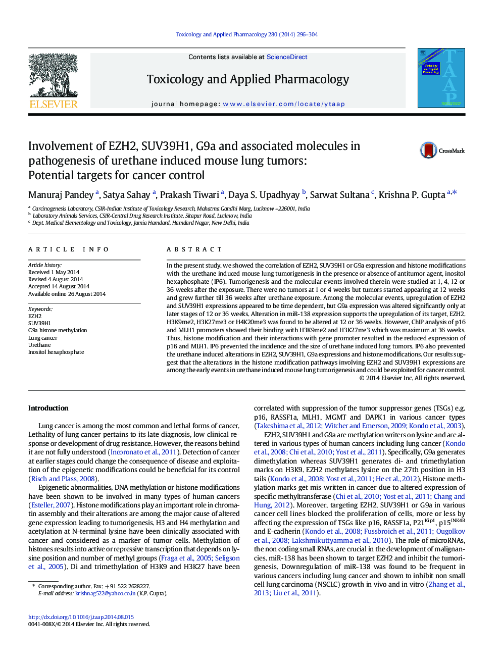 Involvement of EZH2, SUV39H1, G9a and associated molecules in pathogenesis of urethane induced mouse lung tumors: Potential targets for cancer control