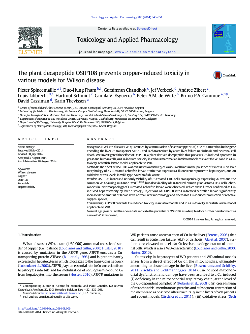 The plant decapeptide OSIP108 prevents copper-induced toxicity in various models for Wilson disease