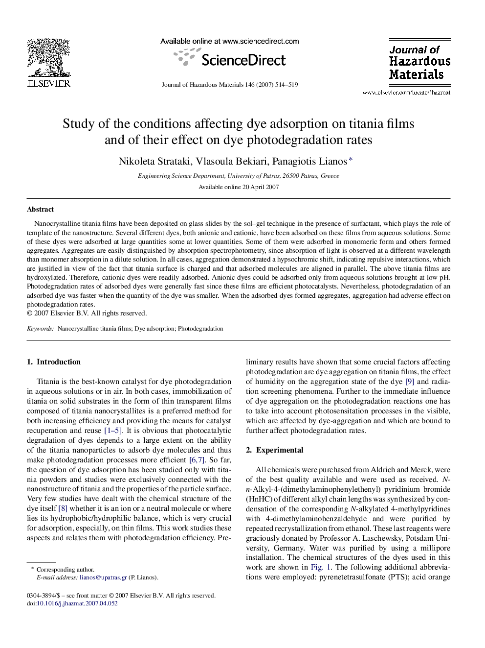 Study of the conditions affecting dye adsorption on titania films and of their effect on dye photodegradation rates