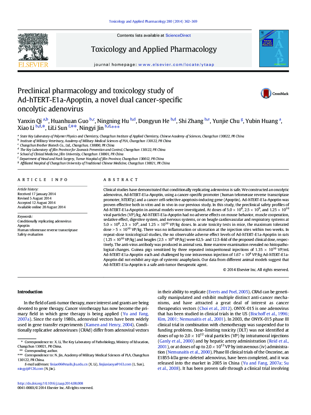 Preclinical pharmacology and toxicology study of Ad-hTERT-E1a-Apoptin, a novel dual cancer-specific oncolytic adenovirus